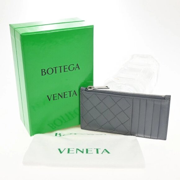 BOTTEGA VENETA Logo Intrecciato Card Coin Case Wallet Leather Gray SHW 61EF012 - Picture 1 of 13